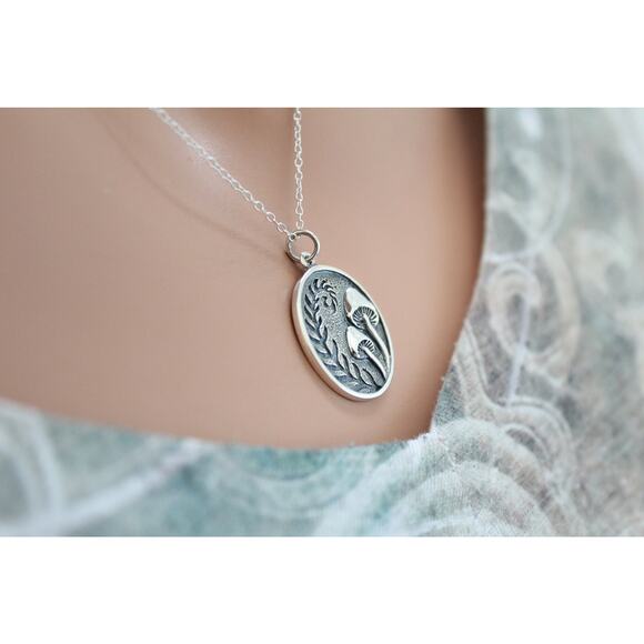 Sterling Silver Etched Mushrooms with Fern Charm Necklace - Picture 4 of 6